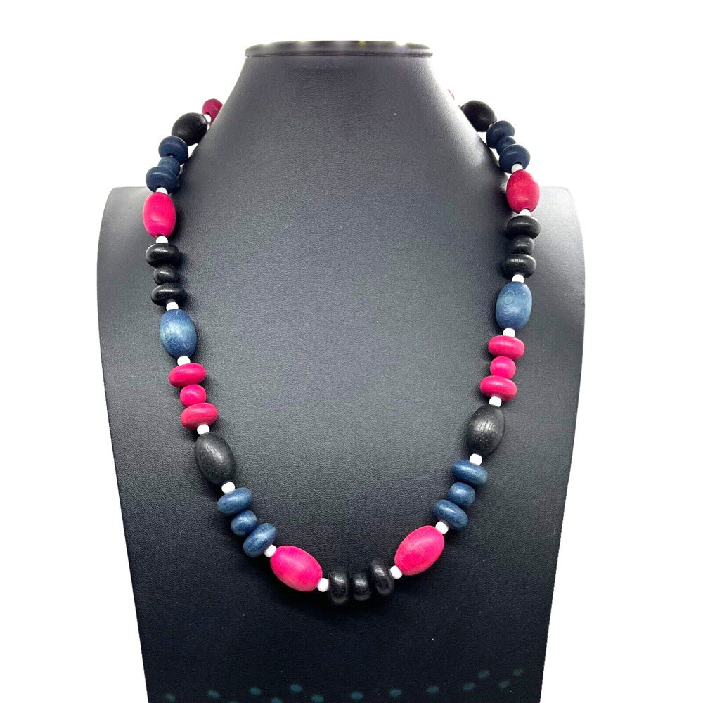 Colorful Wood Bead Necklace 70s 80s Bohemian Retro Pink Blue Black White Women